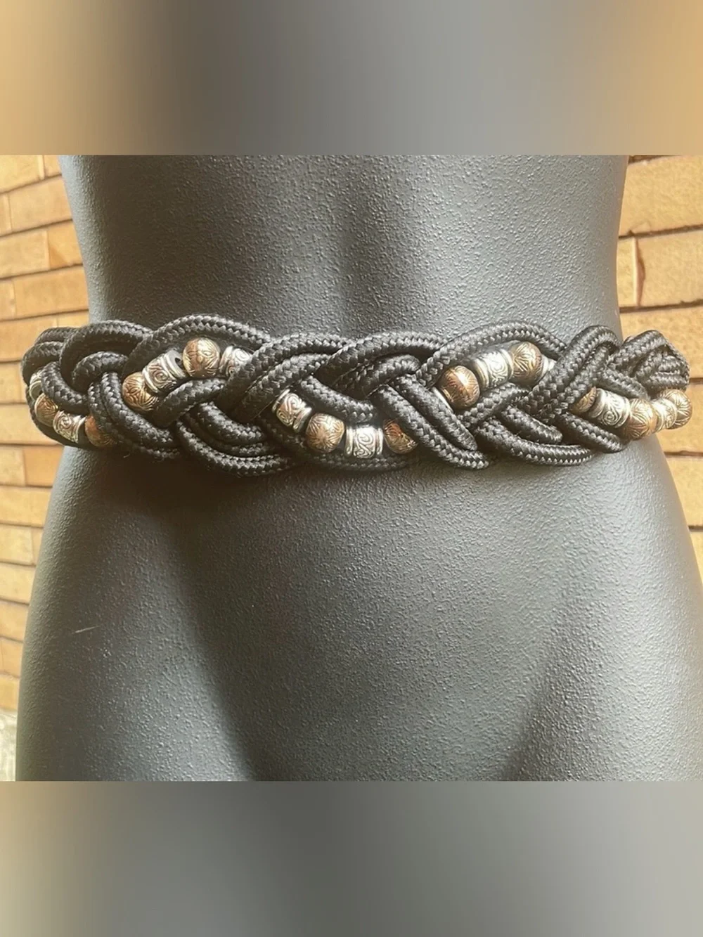 Vintage 90’s Black Braided Rope Belt w/ Silver & Bronze Etched Beads – 27”